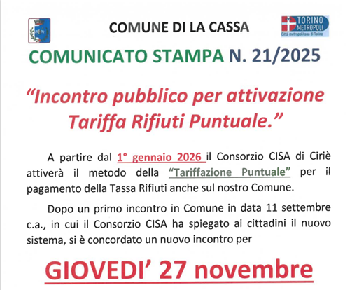 Comunicato stampa n 21-2025 Incontro pubblico per attivazione tariffa rifiuti puntuale