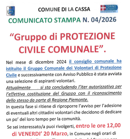 Avviso Pubblico selezione aspiranti volontari per inserimento nel Gruppo Comunale di Protezione Civile - La Cassa