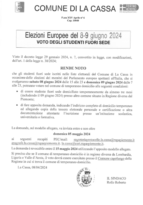 Elezioni Europee 8-9 giugno 2024 - Voto degli Studenti Fuori Sede